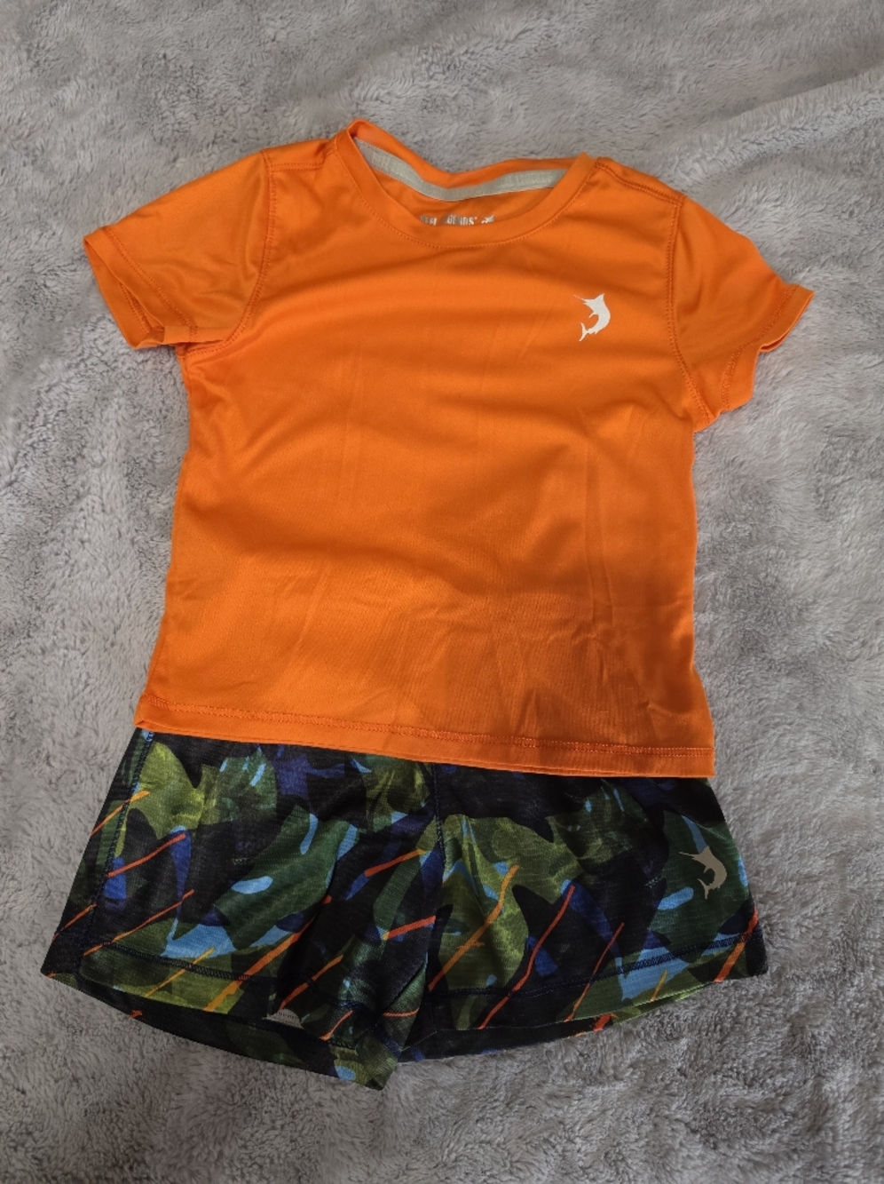 Reel Legends Orange Performance Rash Guard with Multicolor Camo Shorts